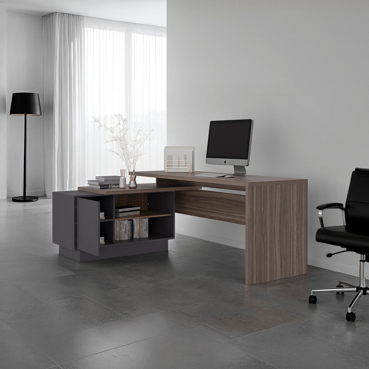 Escritorio En L Una Puerta -  Repisas Office W-179, Avellana Y Plomo - vista 2