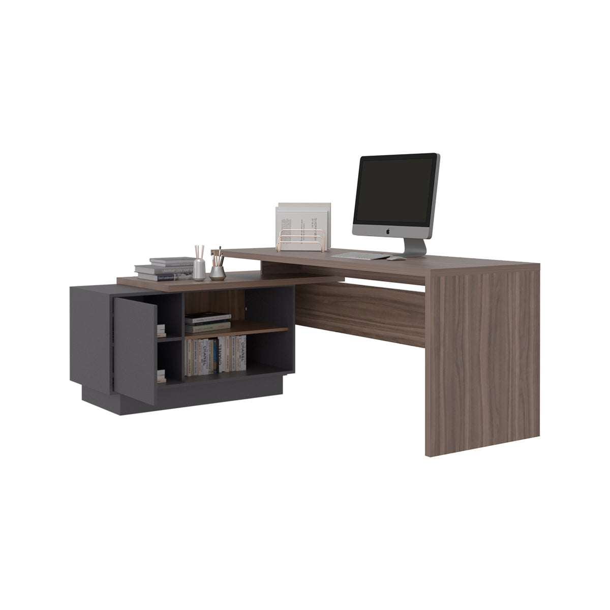 Escritorio En L Una Puerta -  Repisas Office W-179, Avellana Y Plomo - vista 7