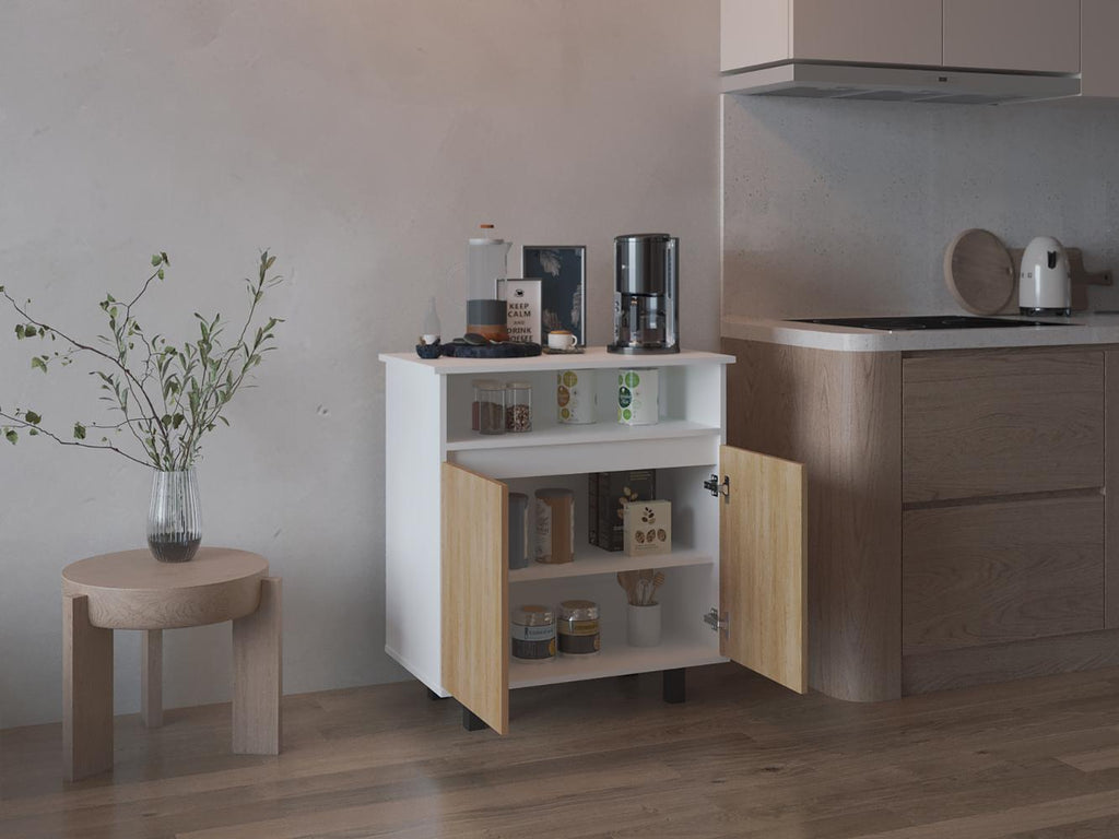 Mesa de Cocina Lona, Blanco Duqueza y Fresno Europeo, con 2 puertas abatibles y espacio para microondas - vista 2