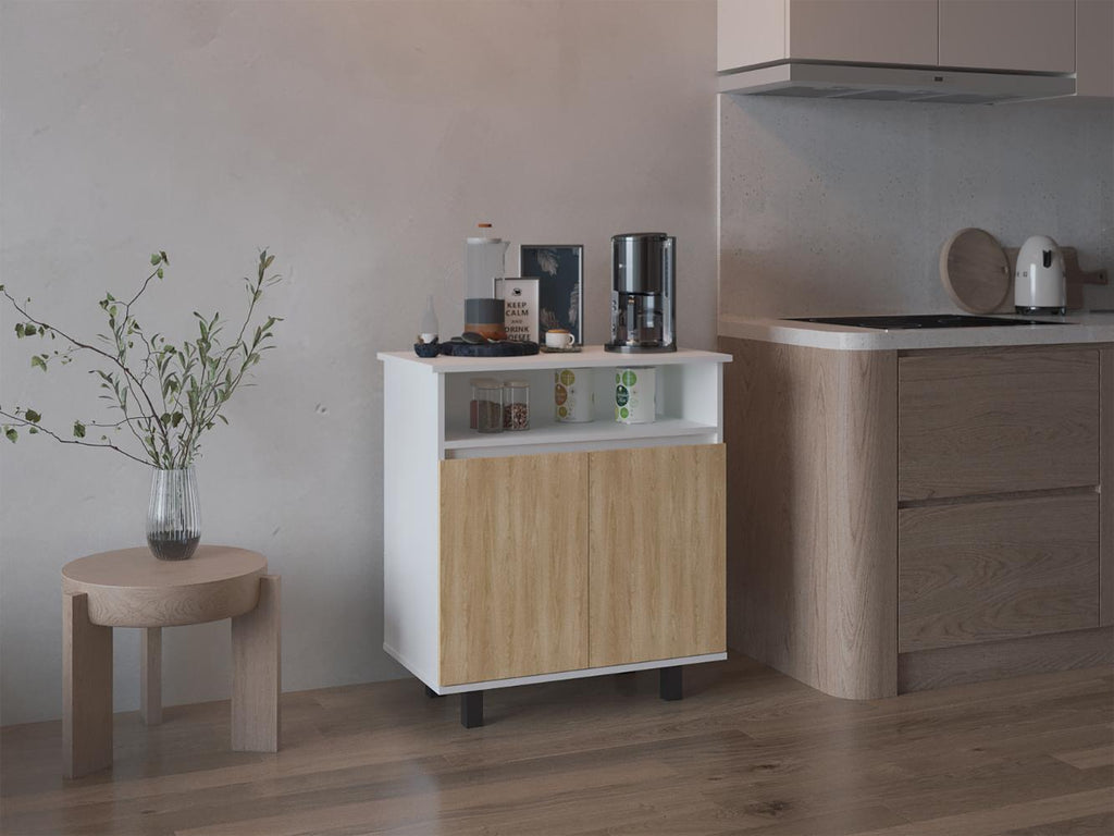Mesa de Cocina Lona, Blanco Duqueza y Fresno Europeo, con 2 puertas abatibles y espacio para microondas - vista 1