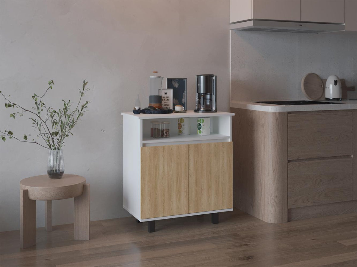 Mesa de Cocina Lona, Blanco Duqueza y Fresno Europeo, con 2 puertas abatibles y espacio para microondas - vista 1