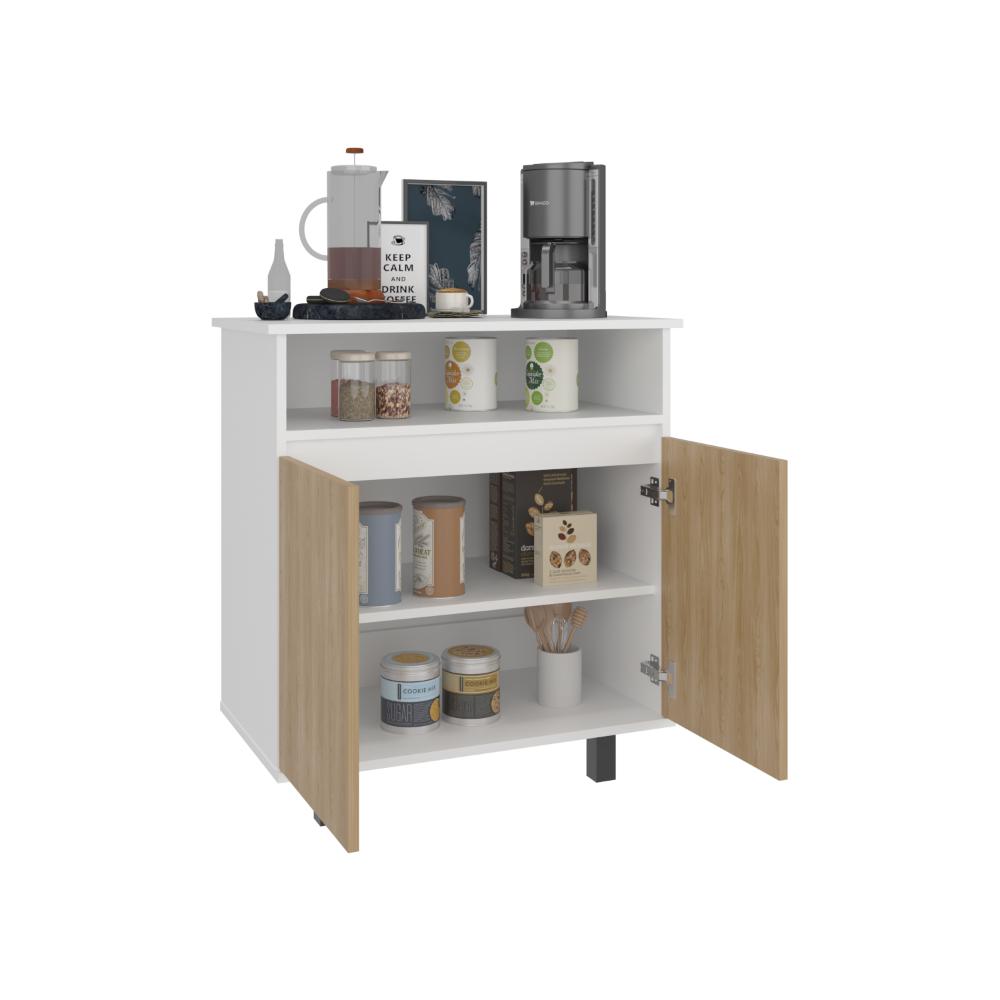 Mesa de Cocina Lona, Blanco Duqueza y Fresno Europeo, con 2 puertas abatibles y espacio para microondas - vista 3