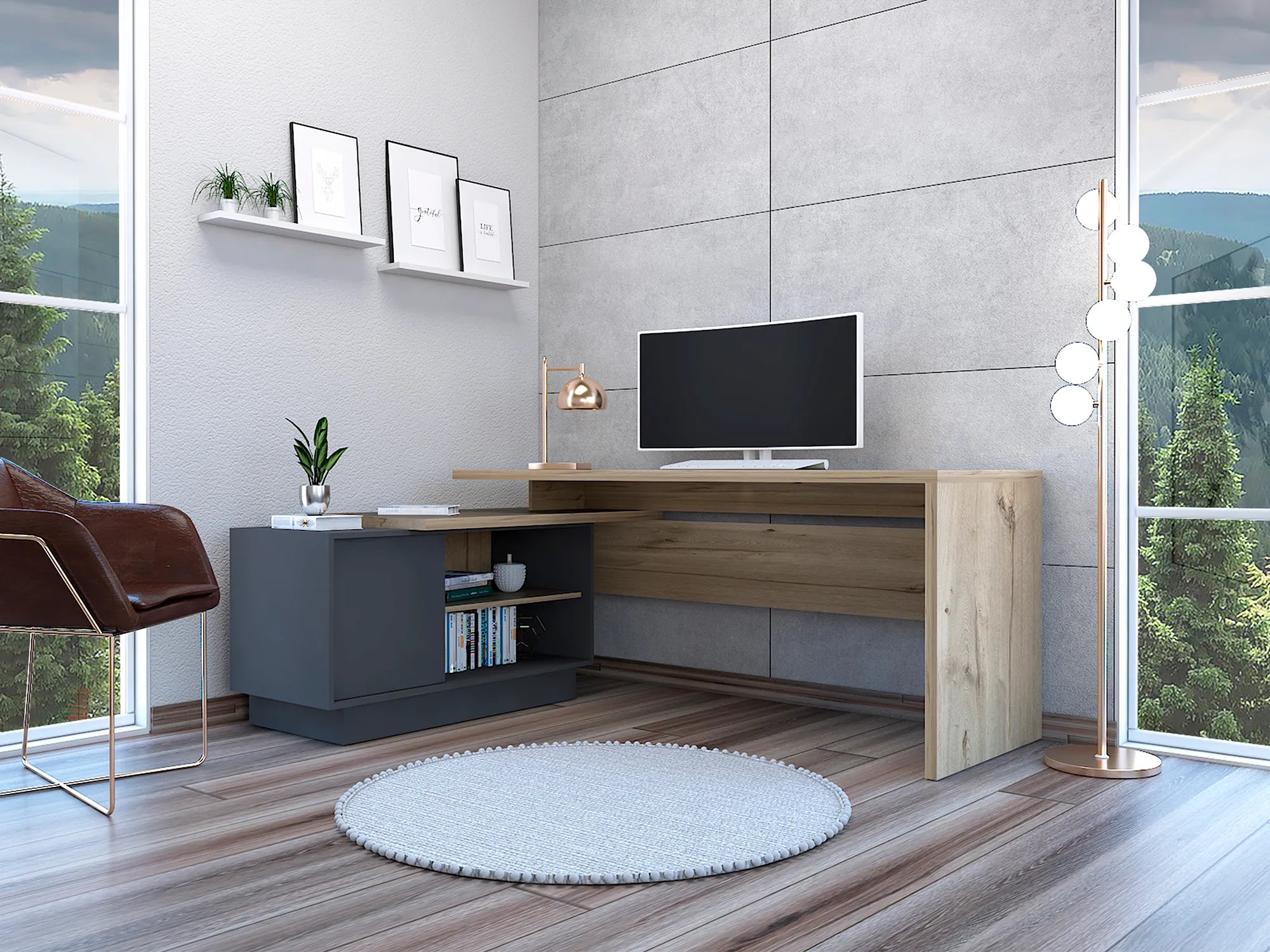 Escritorio En L + 1 Puerta + Repisas Office W-179 - Duna / Plomo