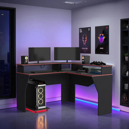 Escritorio Gamer En L Con 2 Niveles Para Monitores Guma - Wengue / Canto Rojo