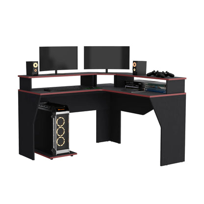 Escritorio Gamer En L Con 2 Niveles Para Monitores Guma - Wengue / Canto Rojo