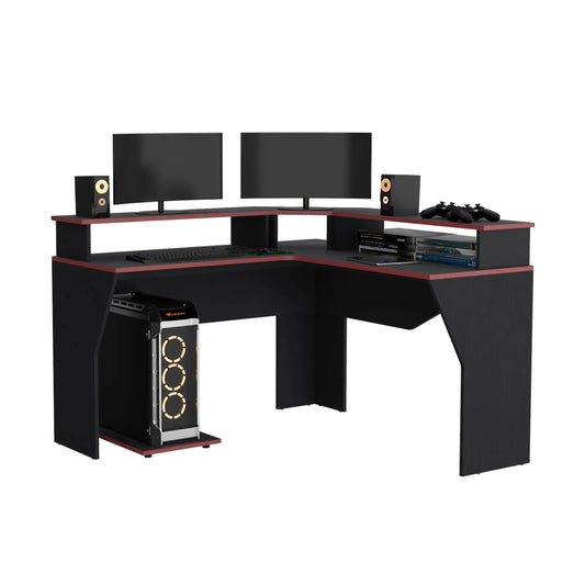Escritorio Gamer En L Con 2 Niveles Para Monitores Guma - Wengue / Canto Rojo