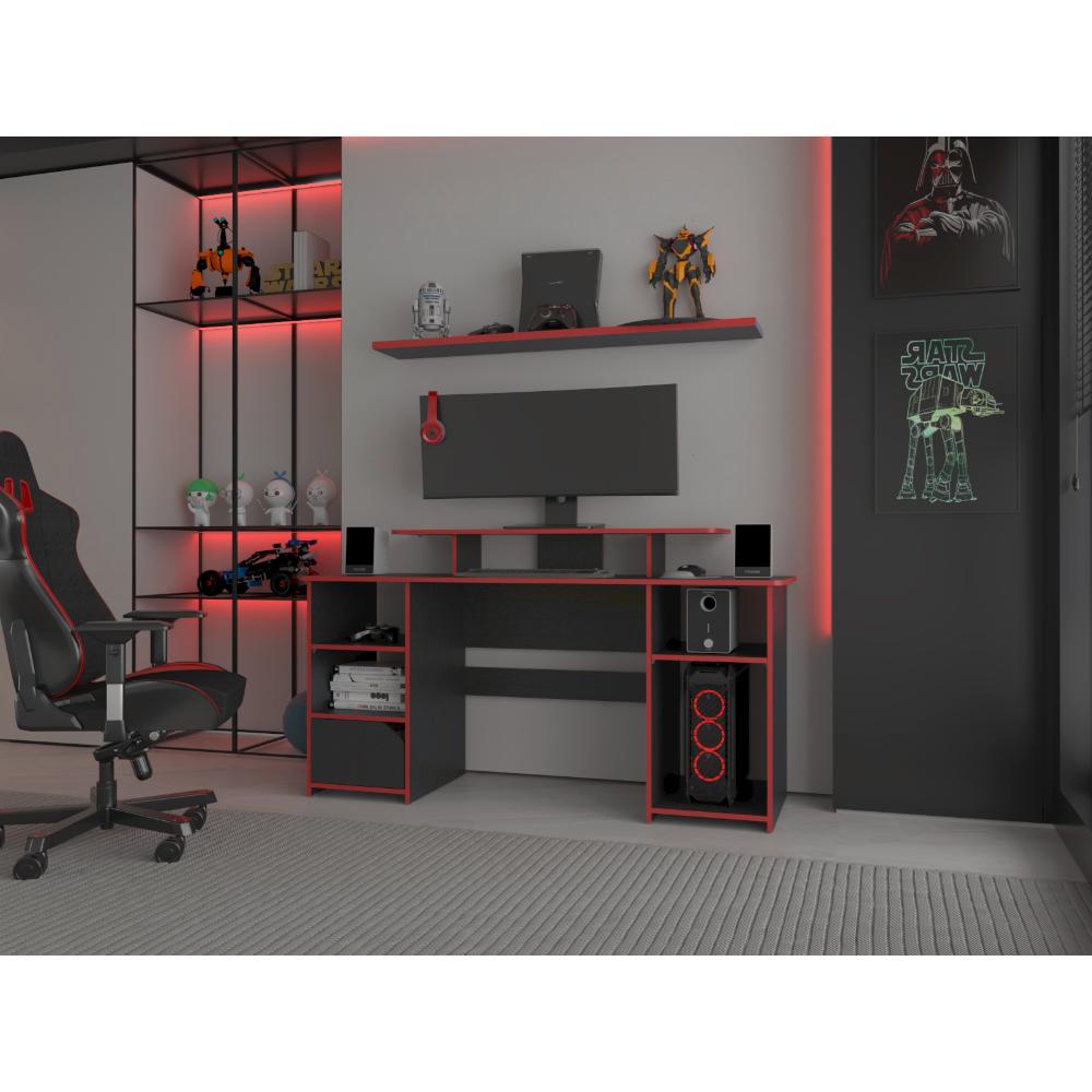 Escritorio Gamer Kein, Wengue y Rojo, con Espacio Adicional para Pantallas - vista 1