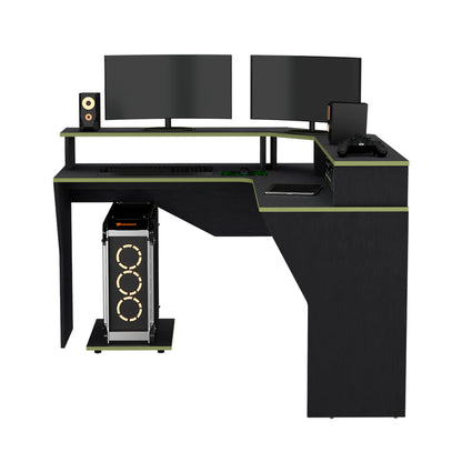 Escritorio Gamer En L Con 2 Niveles Para Monitores Guma - Wengue / Canto Verde
