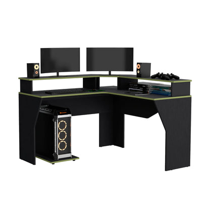 Escritorio Gamer En L Con 2 Niveles Para Monitores Guma - Wengue / Canto Verde