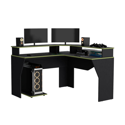 Escritorio Gamer En L Con 2 Niveles Para Monitores Guma - Wengue / Canto Verde