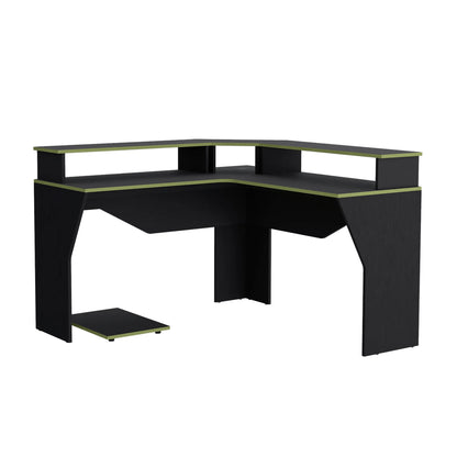 Escritorio Gamer En L Con 2 Niveles Para Monitores Guma - Wengue / Canto Verde