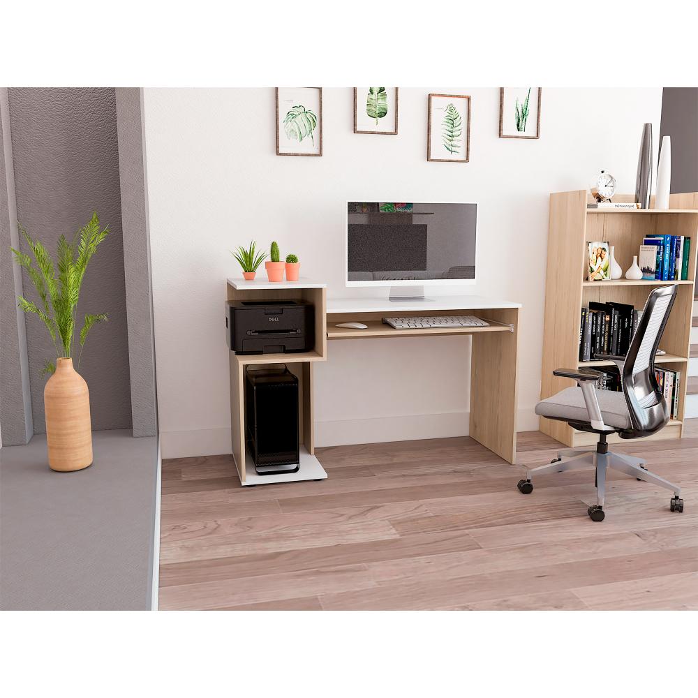 Escritorio Atlanter, Rovere y Blanco, con Bandeja Porta Teclado Deslizable y Espacio Para Artículos de Estudio - vista 1