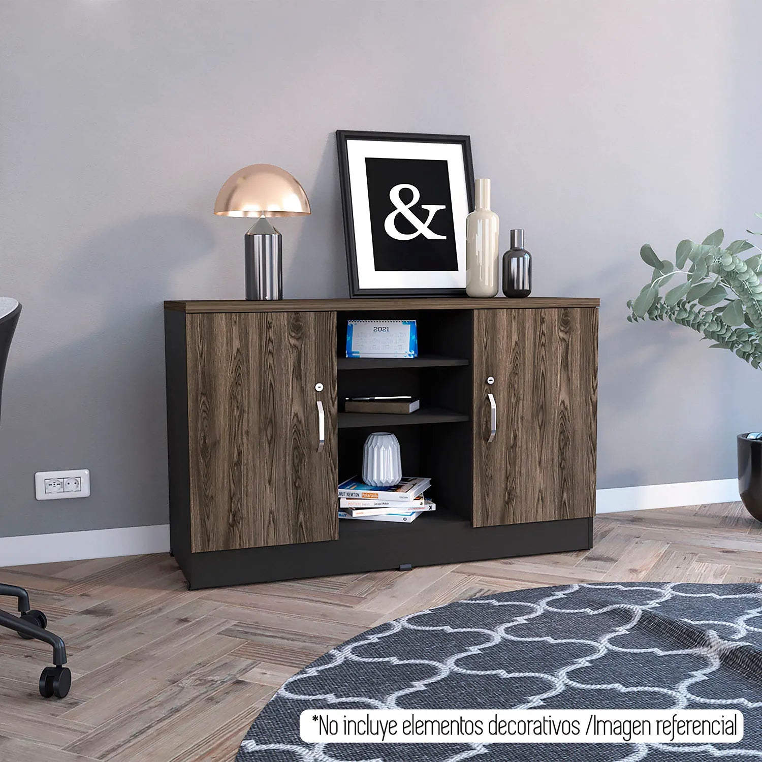 Gabinete 2 Puertas + Doble Chapa Home Office - Negro Soft / Coñac