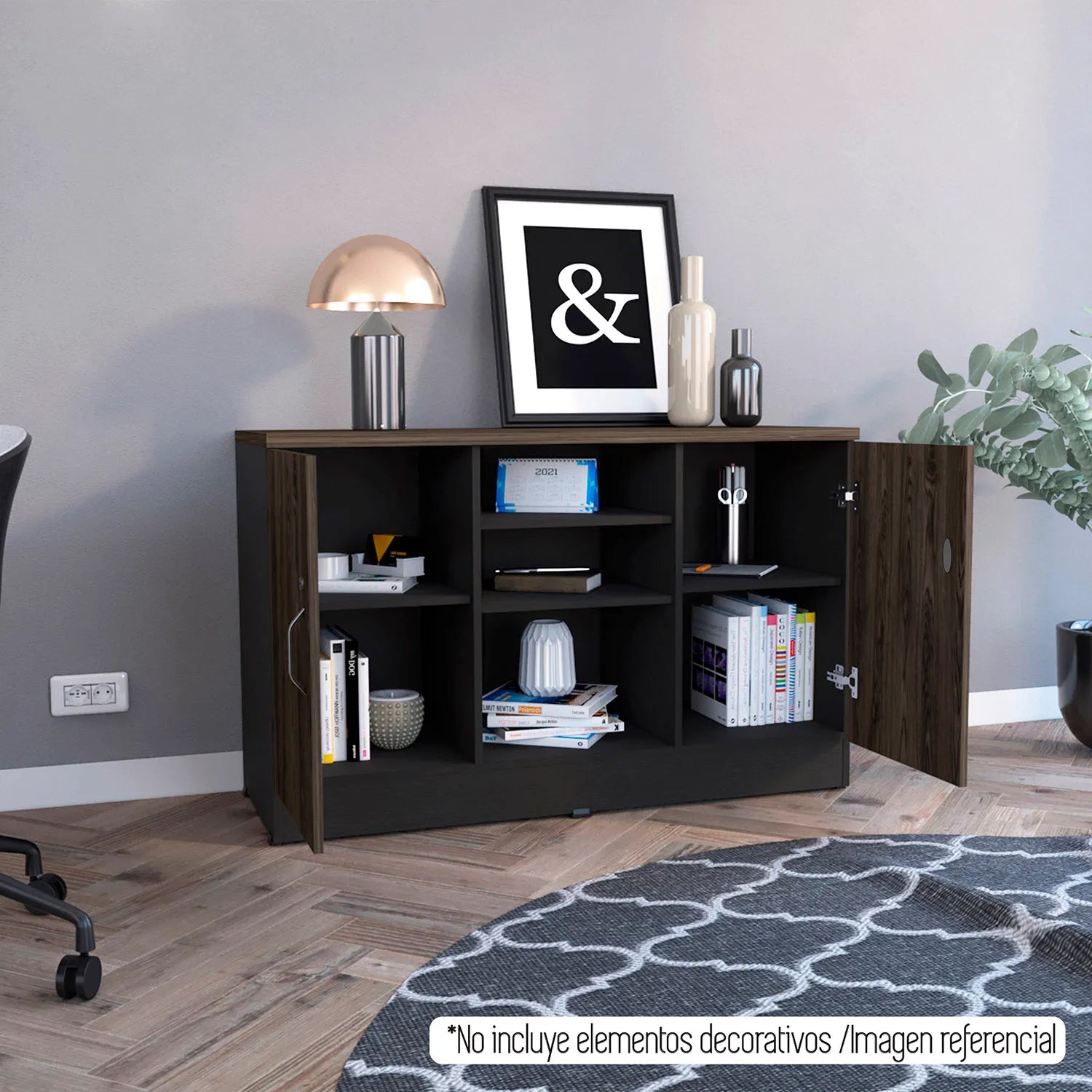 Gabinete 2 Puertas + Doble Chapa Home Office - Negro Soft / Coñac