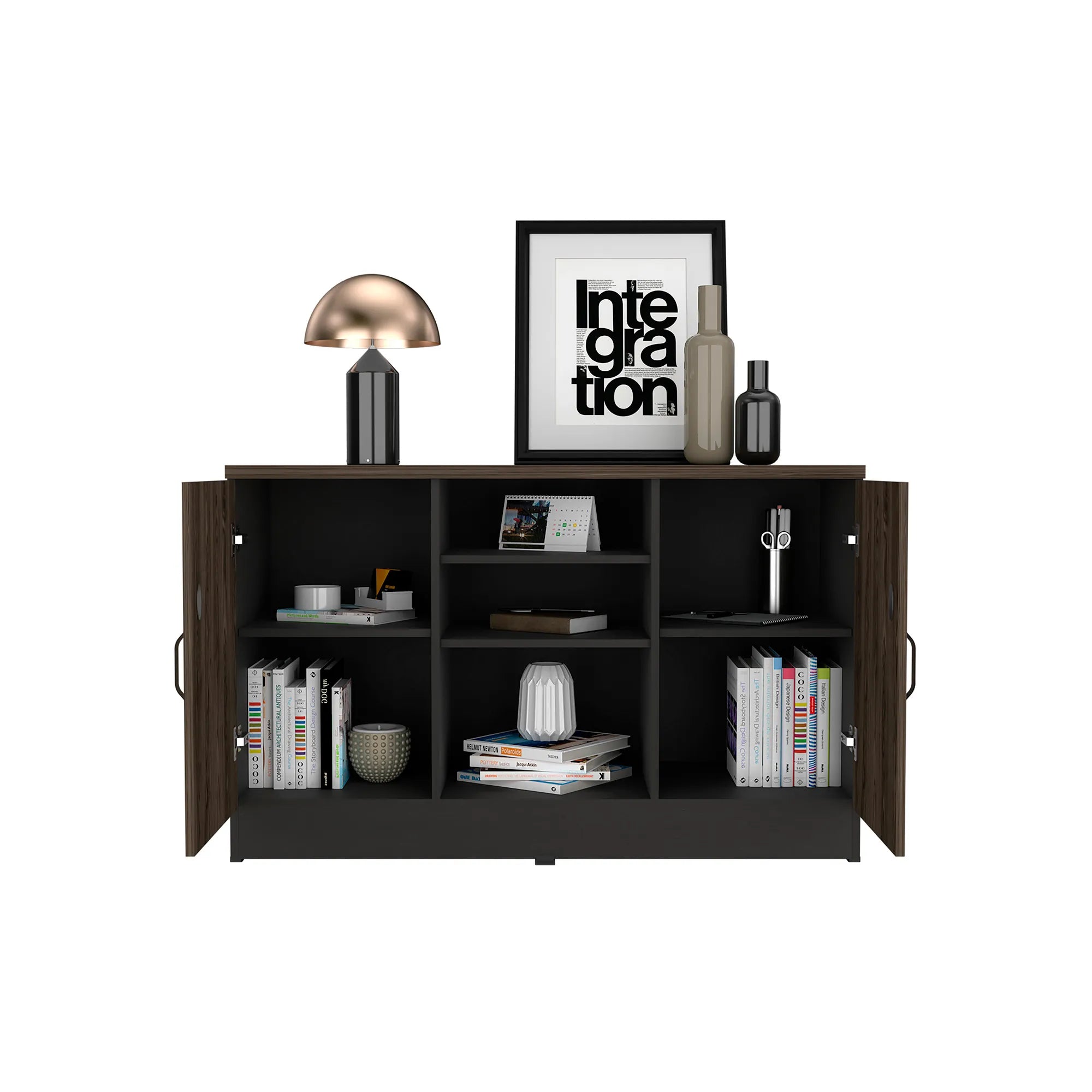 Gabinete 2 Puertas + Doble Chapa Home Office - Negro Soft / Coñac