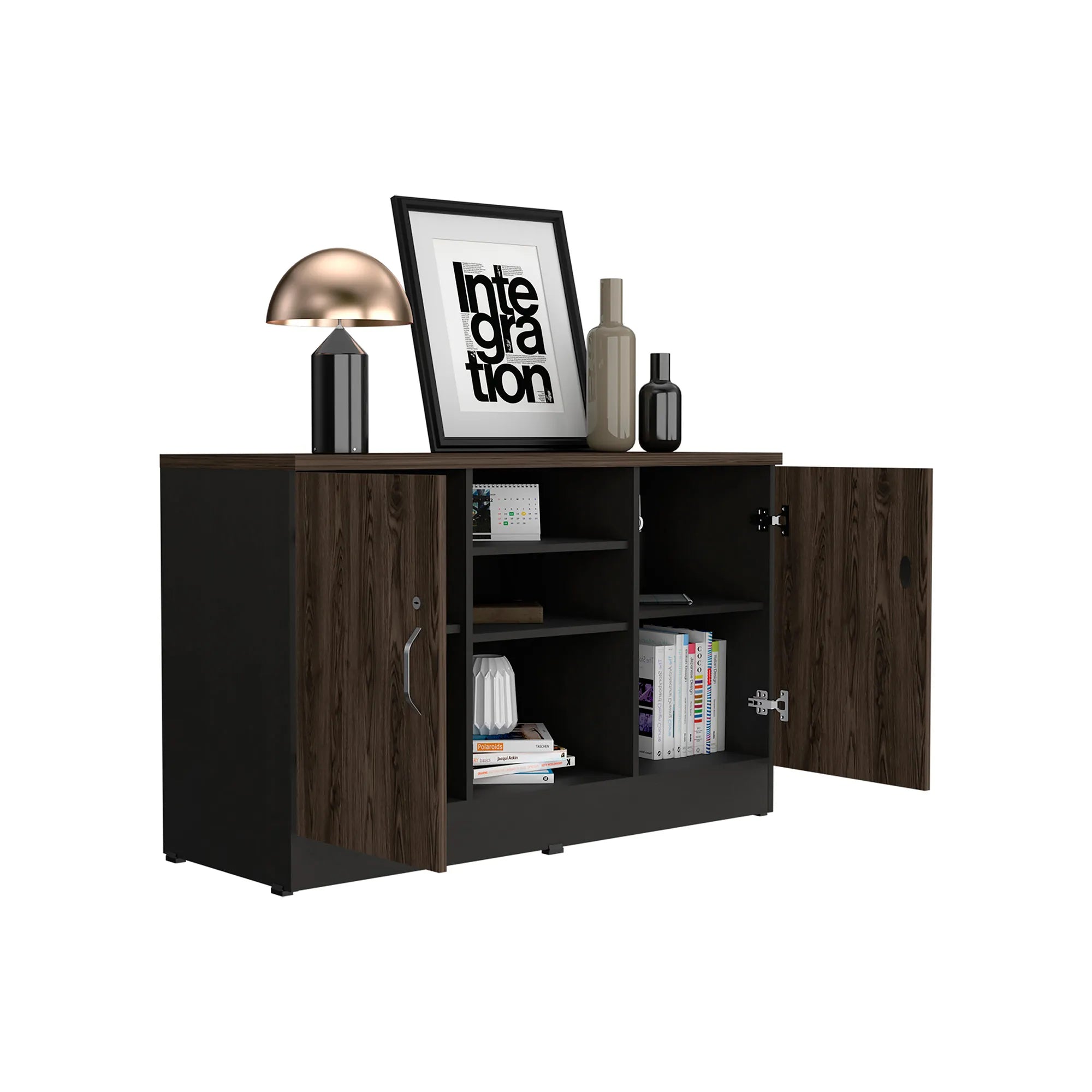 Gabinete 2 Puertas + Doble Chapa Home Office - Negro Soft / Coñac