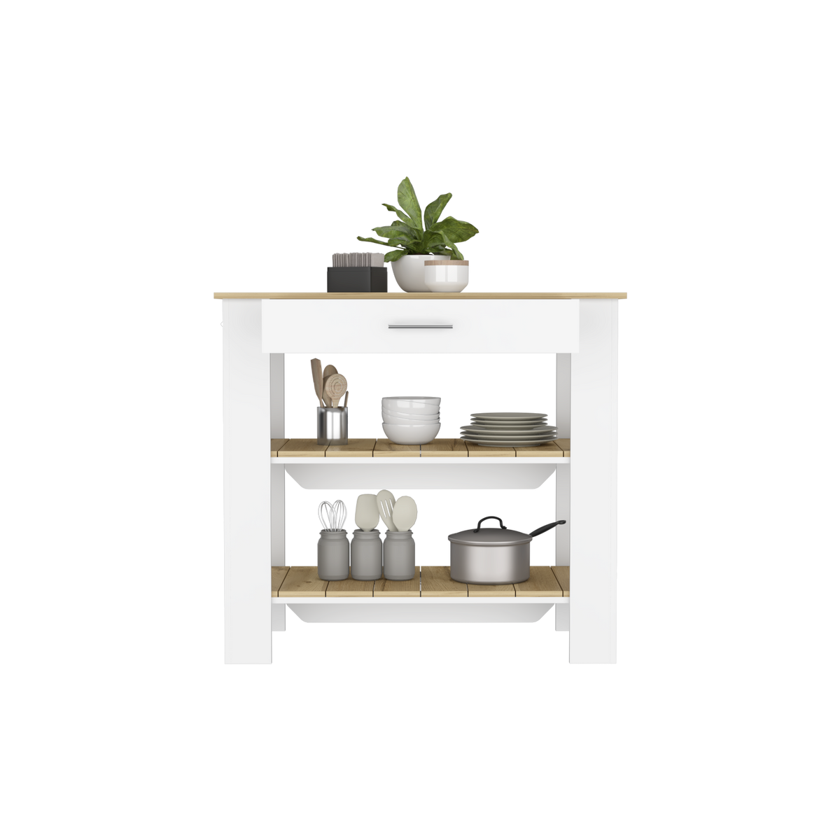 Mesa De Cocina Ccala, Blanco y Macadamia, con entrepaños para colocar objetos de cocina - vista 1