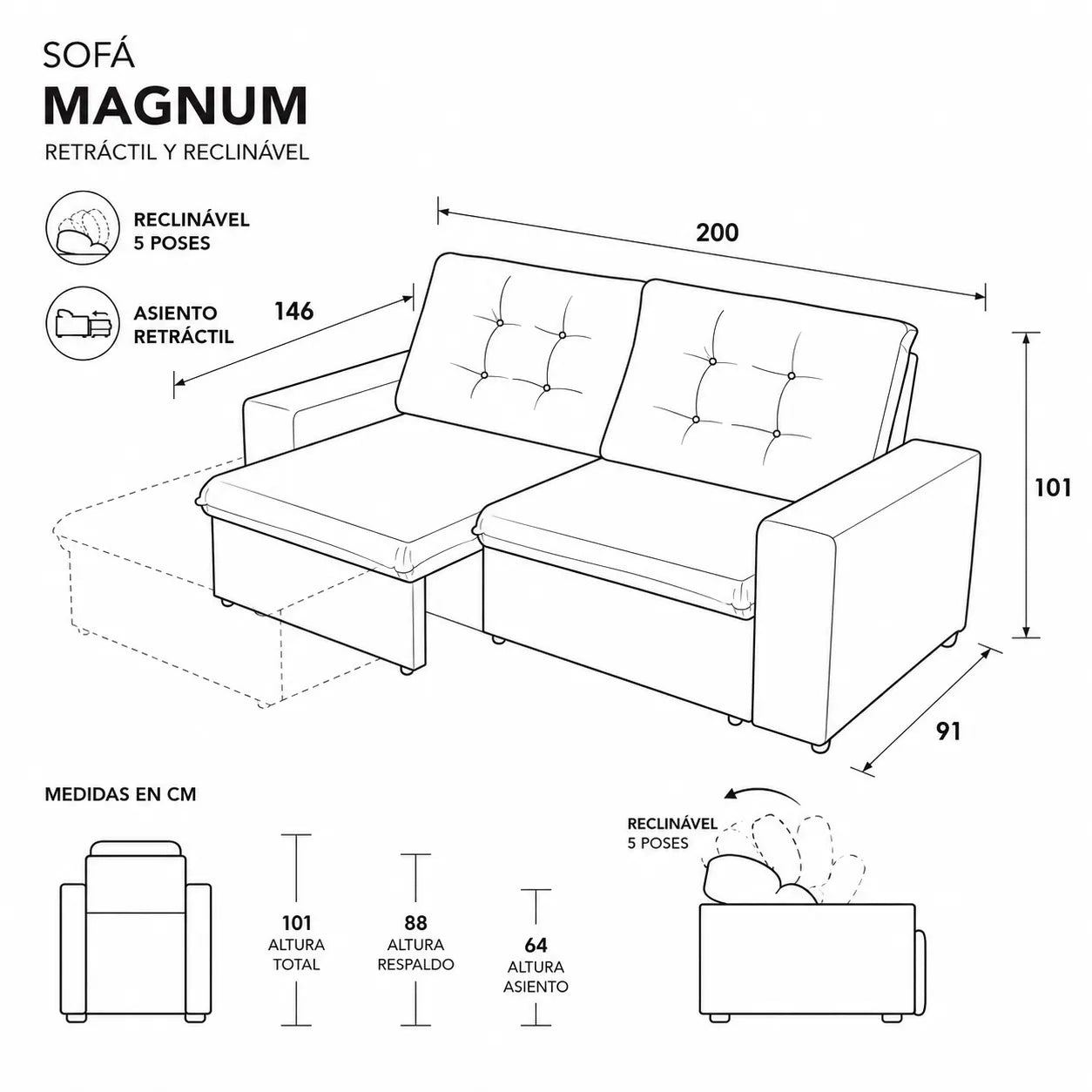 Mons Sofá Reclinable y Extensible Magnum 2M Gris