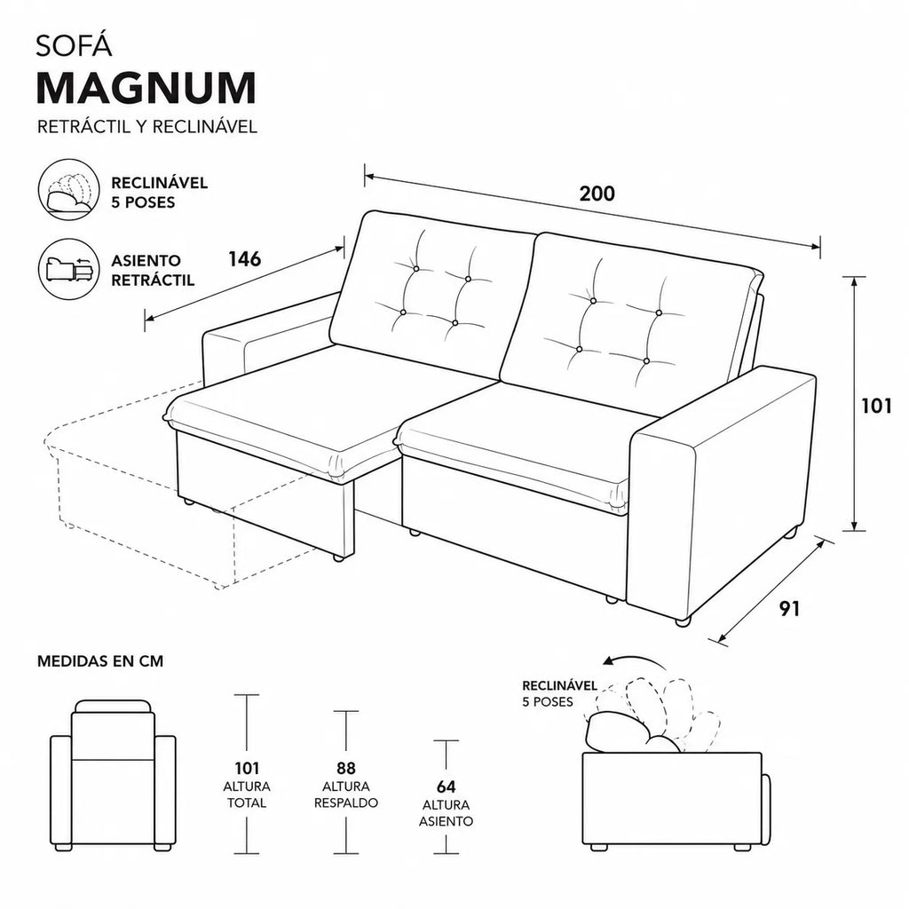 Mons Sofá Reclinable y Extensible Magnum 2M White