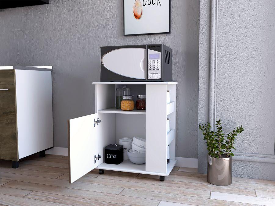 Módulo Microondas Tahara, Nogal y Blanco, con Rodachinas Plásticas y Amplio Espacio Para Almacenar Utensilios - vista 5