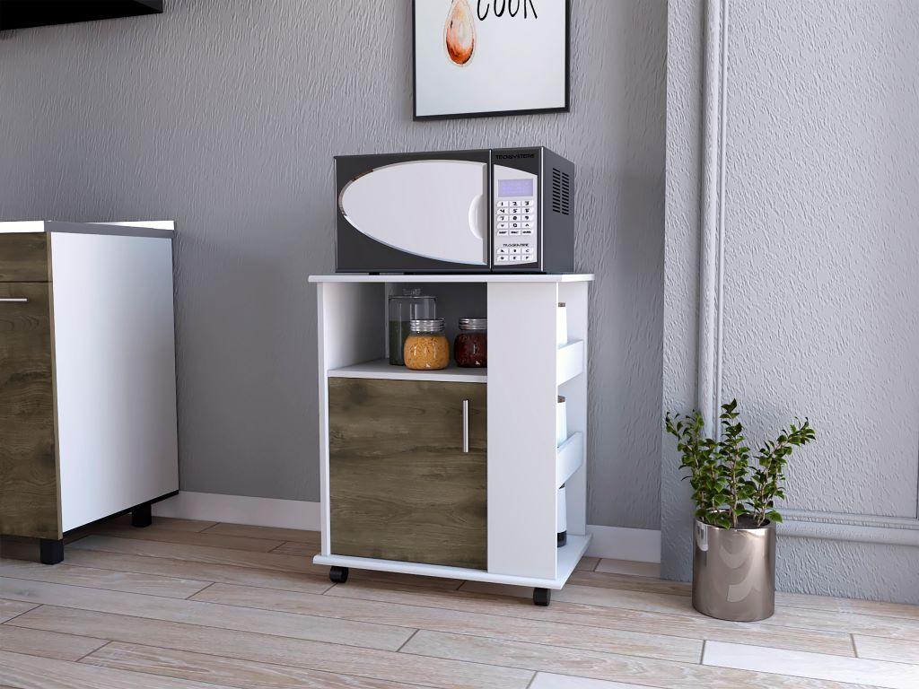 Módulo Microondas Tahara, Nogal y Blanco, con Rodachinas Plásticas y Amplio Espacio Para Almacenar Utensilios - vista 1
