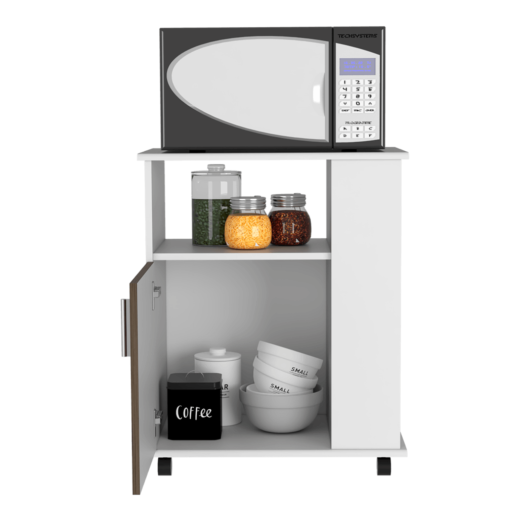 Módulo Microondas Tahara, Nogal y Blanco, con Rodachinas Plásticas y Amplio Espacio Para Almacenar Utensilios - vista 4