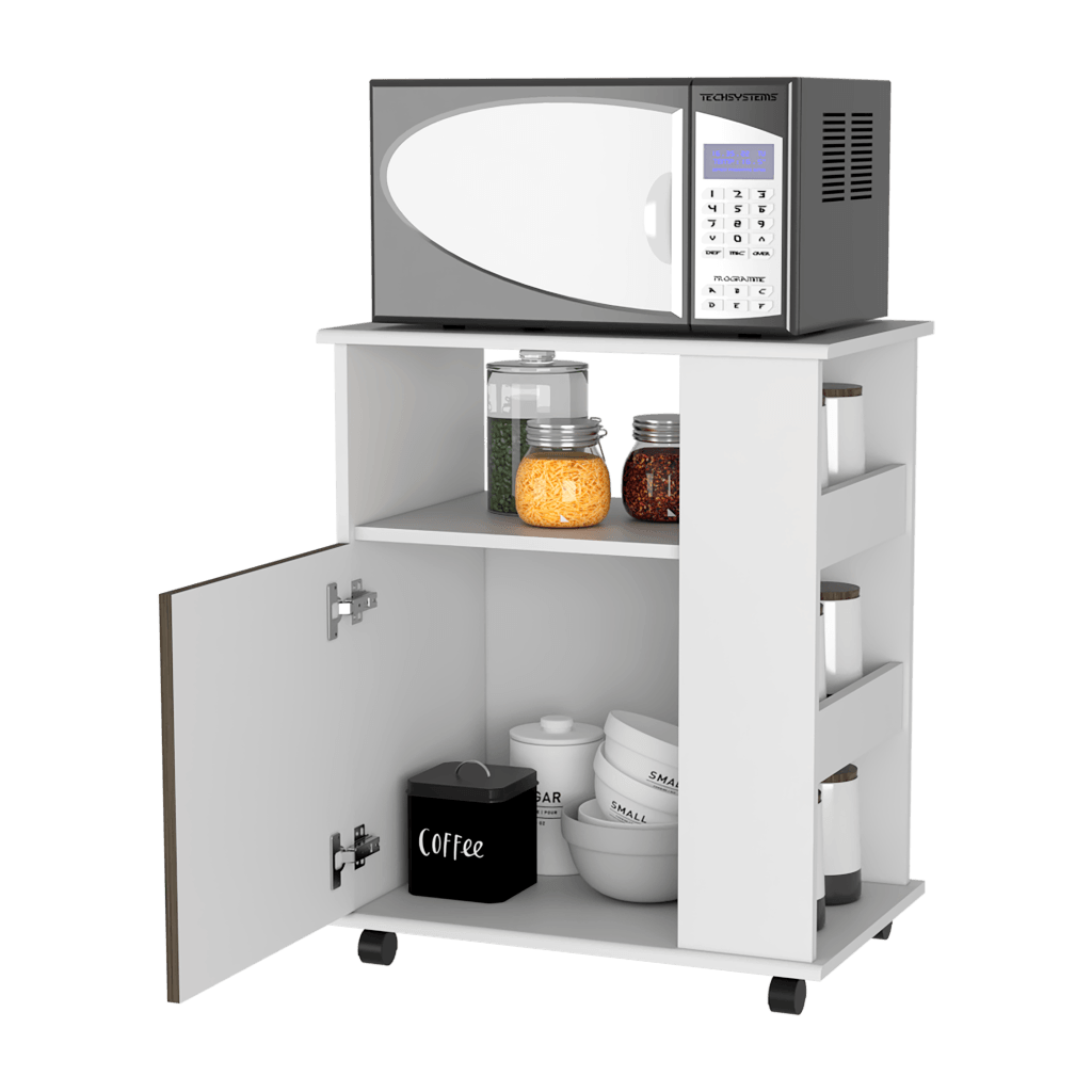 Módulo Microondas Tahara, Nogal y Blanco, con Rodachinas Plásticas y Amplio Espacio Para Almacenar Utensilios - vista 3