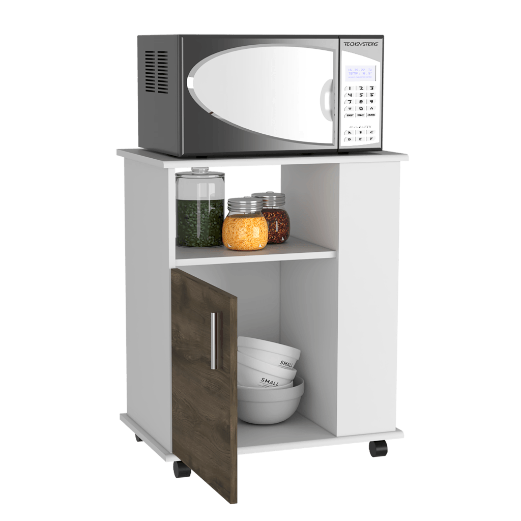 Módulo Microondas Tahara, Nogal y Blanco, con Rodachinas Plásticas y Amplio Espacio Para Almacenar Utensilios - vista 2
