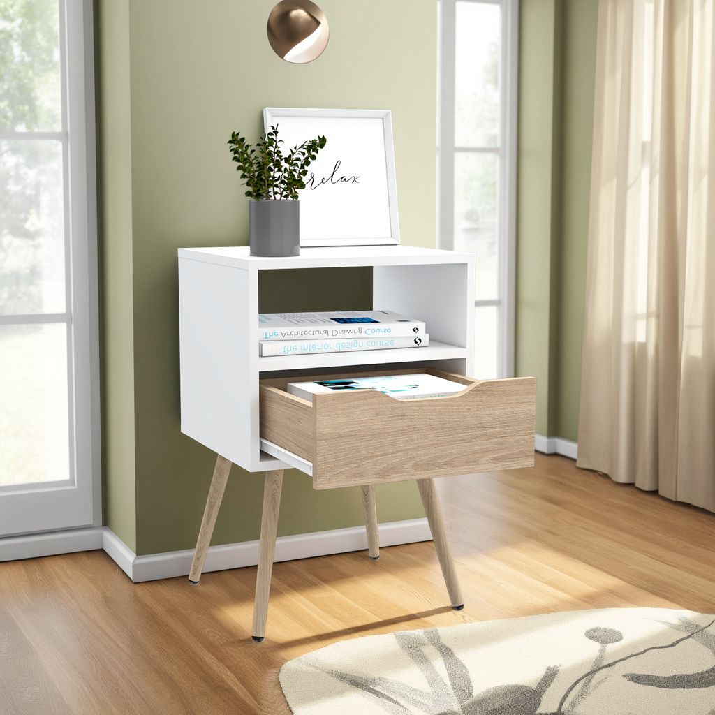 Velador Alesio, Blanco y Rovere, con Patas cortas en Madera y un Cajón - vista 2