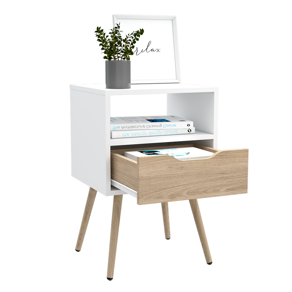 Velador Alesio, Blanco y Rovere, con Patas cortas en Madera y un Cajón - vista 4