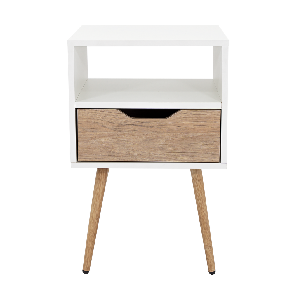 Velador Alesio, Blanco y Rovere, con Patas cortas en Madera y un Cajón - vista 1