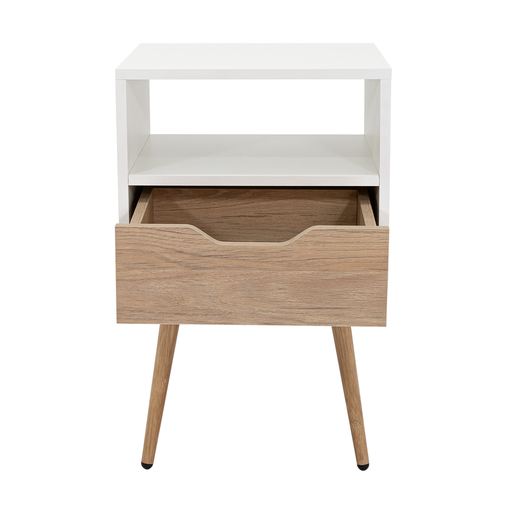 Velador Alesio, Blanco y Rovere, con Patas cortas en Madera y un Cajón - vista 6
