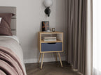 Mesa de Noche Alesio, Fresno Europeo y Blanco Kronos Azul, con Patas en Madera y un Cajón - vista 1