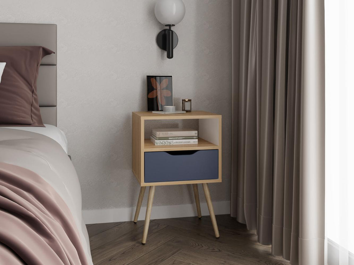 Mesa de Noche Alesio, Fresno Europeo y Blanco Kronos Azul, con Patas en Madera y un Cajón - vista 1