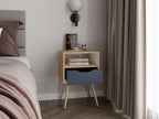 Mesa de Noche Alesio, Fresno Europeo y Blanco Kronos Azul, con Patas en Madera y un Cajón - vista 2