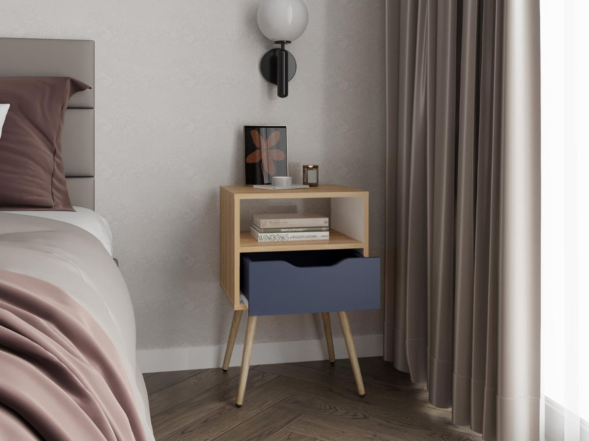 Mesa de Noche Alesio, Fresno Europeo y Blanco Kronos Azul, con Patas en Madera y un Cajón - vista 2