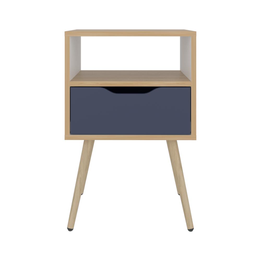 Mesa de Noche Alesio, Fresno Europeo y Blanco Kronos Azul, con Patas en Madera y un Cajón - vista 6