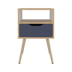 Mesa de Noche Alesio, Fresno Europeo y Blanco Kronos Azul, con Patas en Madera y un Cajón - vista 6
