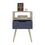 Mesa de Noche Alesio, Fresno Europeo y Blanco Kronos Azul, con Patas en Madera y un Cajón - vista 4