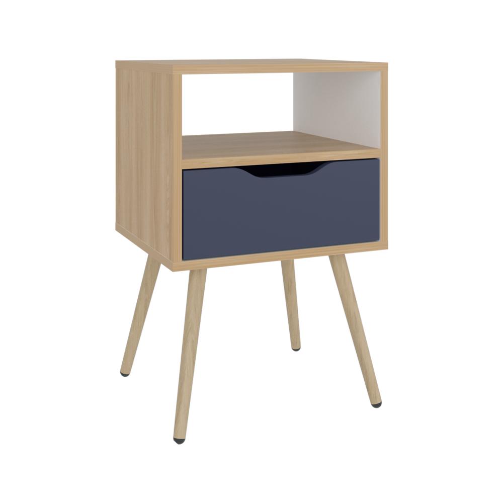Mesa de Noche Alesio, Fresno Europeo y Blanco Kronos Azul, con Patas en Madera y un Cajón - vista 5