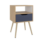 Mesa de Noche Alesio, Fresno Europeo y Blanco Kronos Azul, con Patas en Madera y un Cajón - vista 5