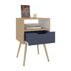 Mesa de Noche Alesio, Fresno Europeo y Blanco Kronos Azul, con Patas en Madera y un Cajón - vista 3