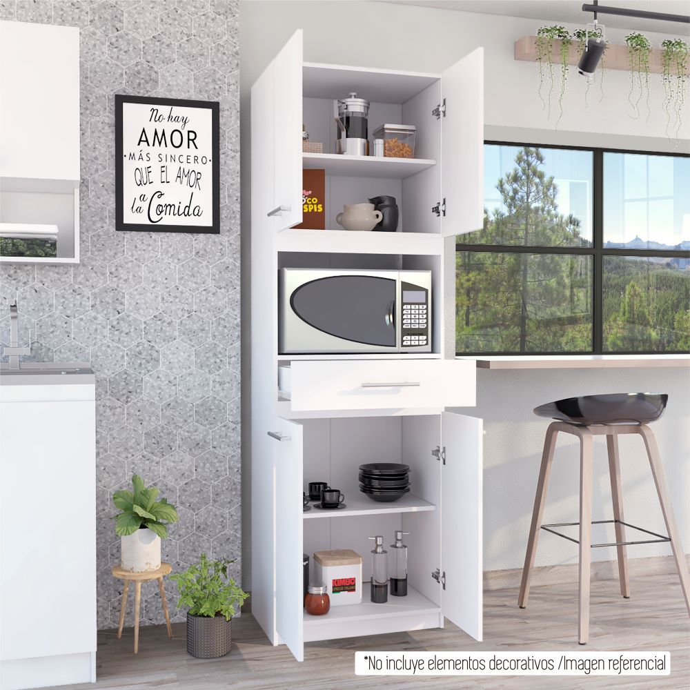 Auxiliar Microondas Alto Manchester, Blanco, con cuatro puertas batientes y entrepaños para colocar objetos - vista 4