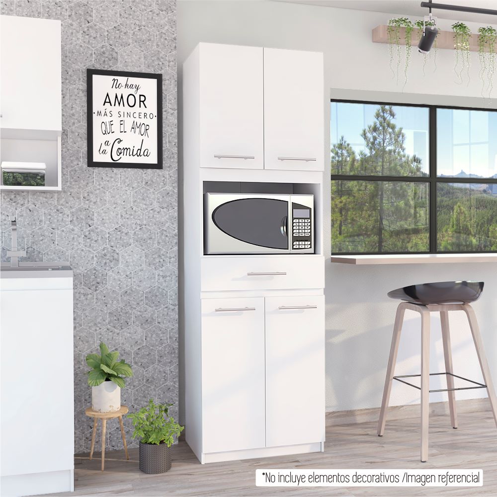 Auxiliar Microondas Alto Manchester, Blanco, con cuatro puertas batientes y entrepaños para colocar objetos - vista 3