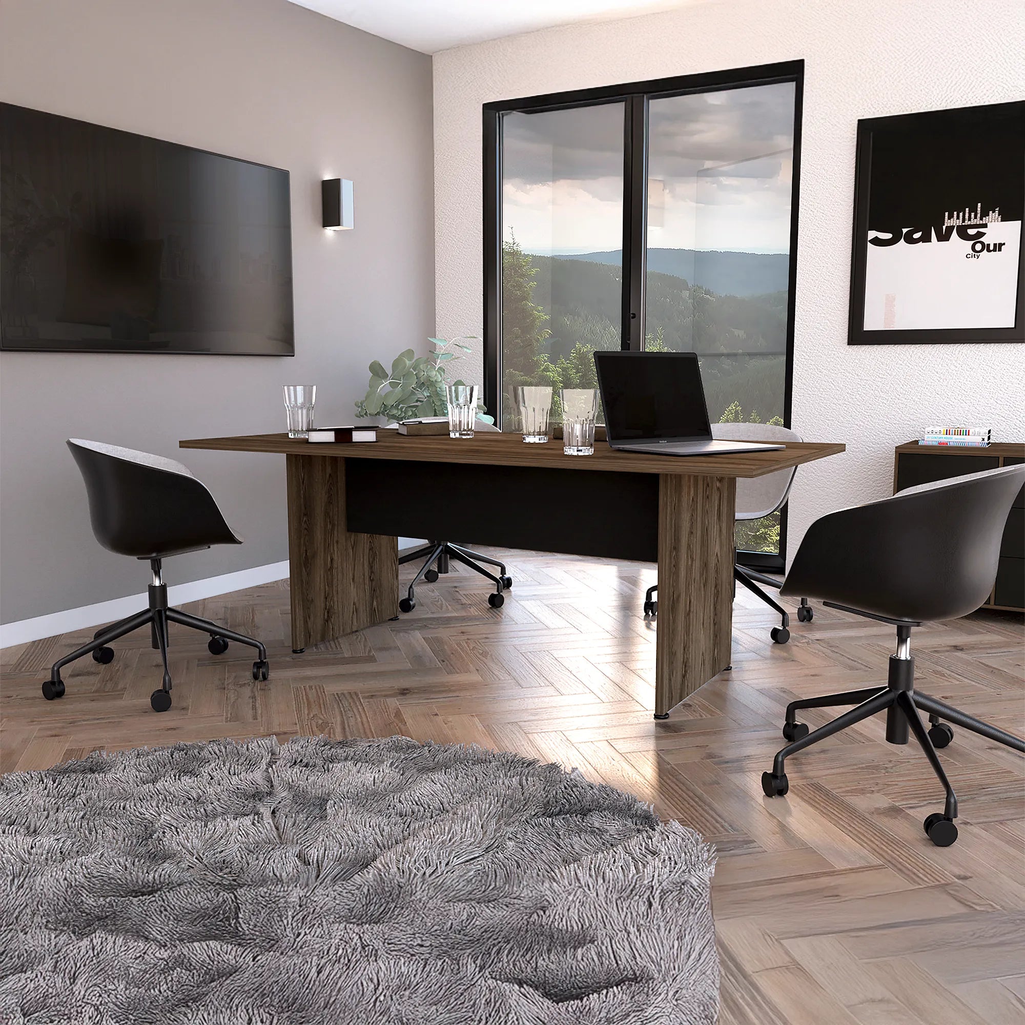 Mesa De Reunion Rectangular M-200 Home Office - Negro Soft / Coñac