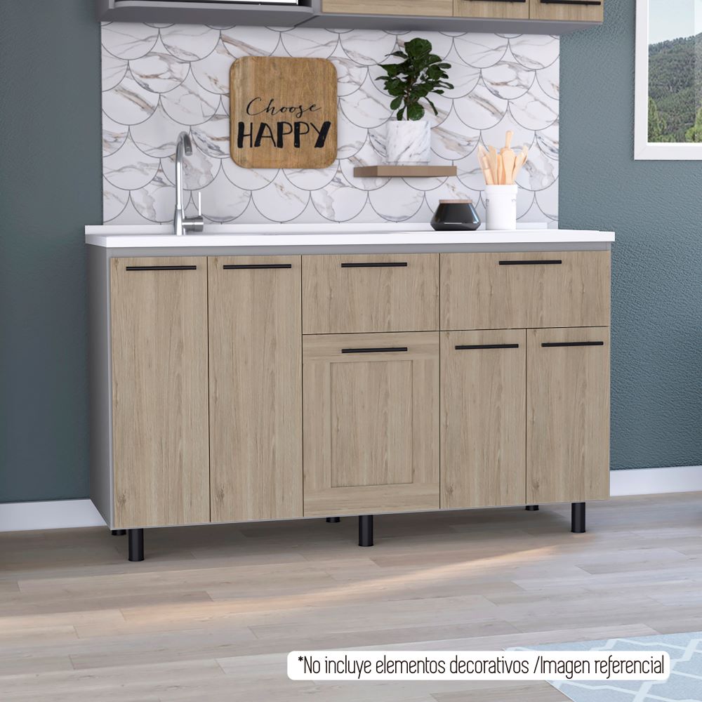Modulo Inferior Kitchen, Hasselt, Gris y Rovere, con cinco puertas batientesy lavapatos - vista 3
