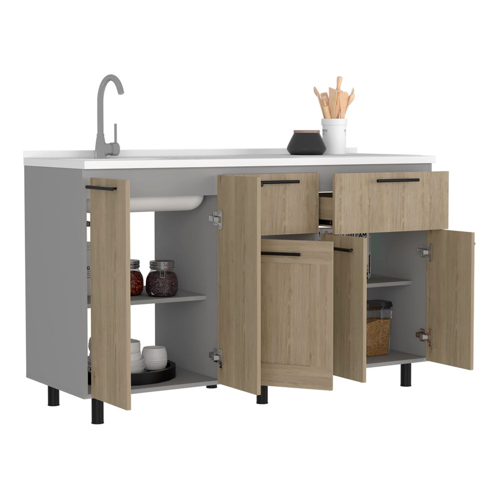 Modulo Inferior Kitchen, Hasselt, Gris y Rovere, con cinco puertas batientesy lavapatos - vista 1