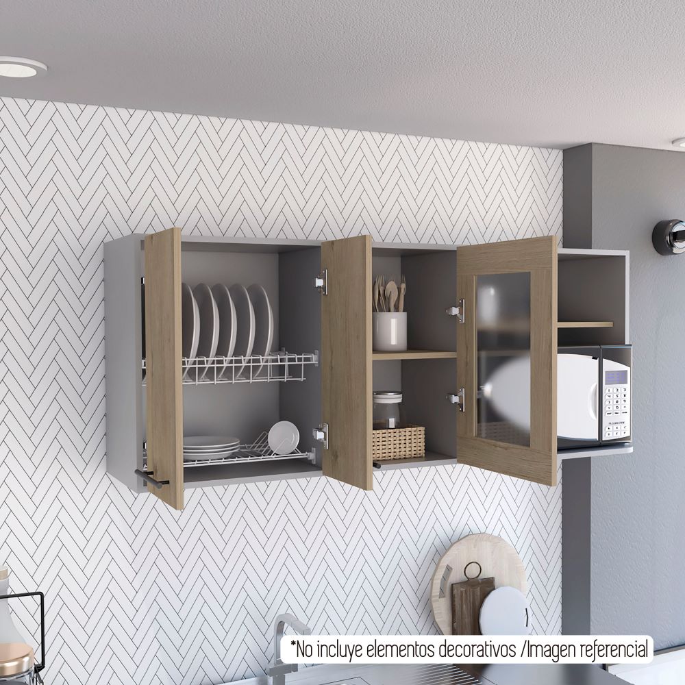 Modulo Superior Kitchen, Hasselt, Gris y Rovere, con tres puertas batientes y espacio para horno microondas - vista 4