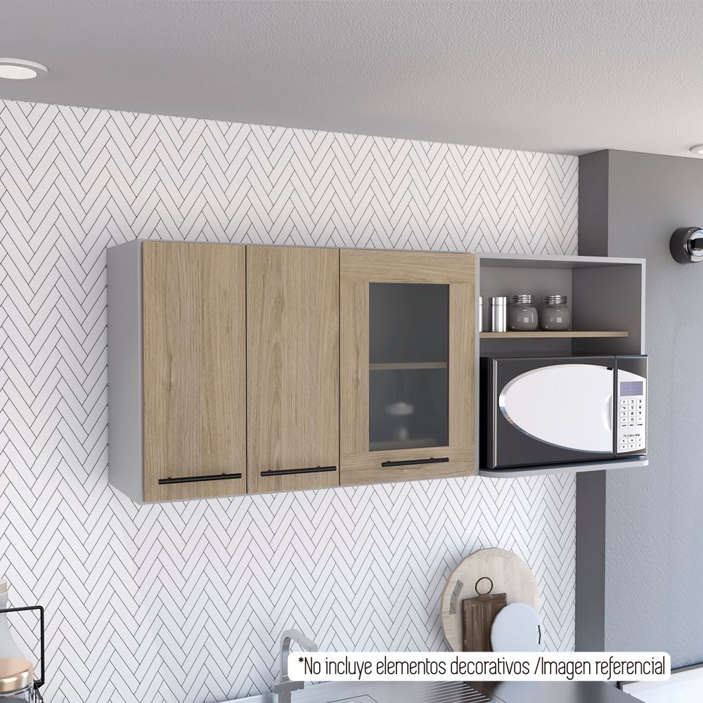 Modulo Superior Kitchen, Hasselt, Gris y Rovere, con tres puertas batientes y espacio para horno microondas - vista 3