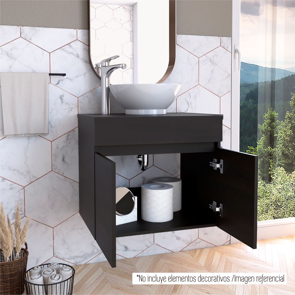 Mueble de Lavamanos Flotante Manchester, Wengues puertas batientes y repisa para colocar objetos de aseo - vista 4